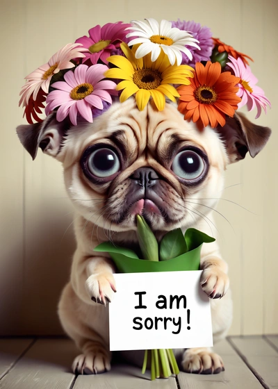 A small dog with a sign that says i am sorry with flowers in it's hair and a sign with a message that says i am sorry, cute and funny, a digital rendering, naive art