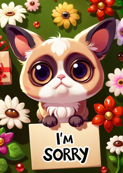 A cat holding a sign that says i'm sorry on it with flowers around it and a sign that says i'm sorry, cute and funny, a character portrait, furry art