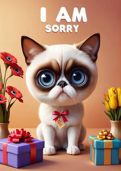 A cat with big blue eyes sitting next to a bunch of flowers and presents with the words i am sorry written on the top of the picture, cute and funny, a screenshot, tachisme