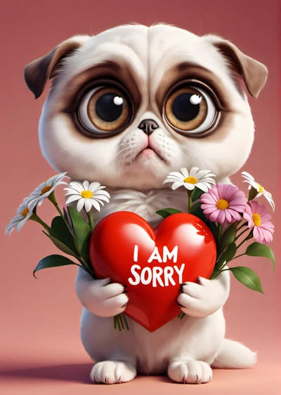 A small dog holding a heart with daisies in it's paws and the words i am sorry written on it in front of it, cute and funny, a digital rendering, sots art