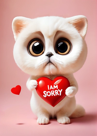 A white kitten holding a red heart with the words i am sorry written on it in front of a pink background with a pink background, cute and funny, a digital rendering, sots art