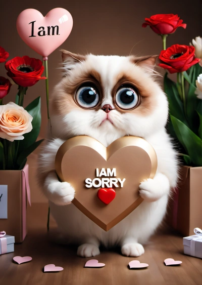 A cat holding a heart shaped box with i am sorry written on it and flowers in the background with hearts and roses around it, and a pink rose, cute and funny, a screenshot, verdadism