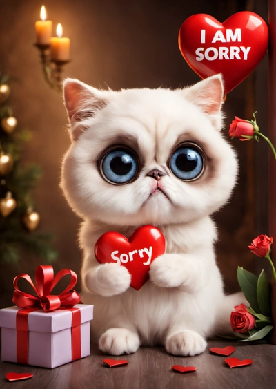 A white kitten holding a heart with the word sorry on it and a red rose in front of it with a candle and a gift box, cute and funny, a screenshot, sots art