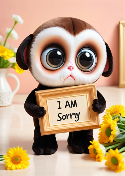 A stuffed animal holding a sign that says i am sorry with flowers in the background and a vase with flowers in the foreground with a vase with yellow flowers, cute and funny, a 3d render, sots art