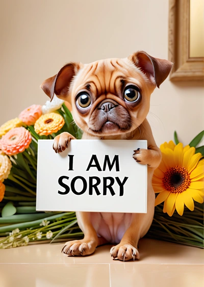 A small dog holding a sign that says i am sorry on it's front paws and paws, with flowers in the background, and a mirror behind it, cute and funny, a picture, verdadism