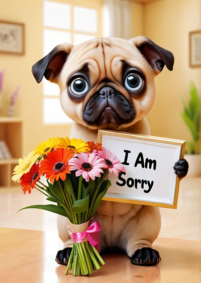 A pug dog holding a sign that says i am sorry with flowers in front of it and a vase of flowers in the background, cute and funny, a digital rendering, verdadism