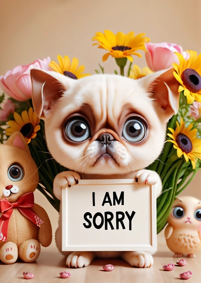 A small dog holding a sign with a cat and dog behind it with flowers in the background and a sign that says i am sorry, cute and funny, a screenshot, verdadism