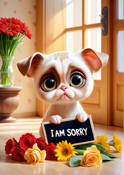 A cat with big eyes holding a sign that says i am sorry with flowers around it and a vase of flowers behind it with a sign that says i am sorry, cute and funny, a screenshot, sots art