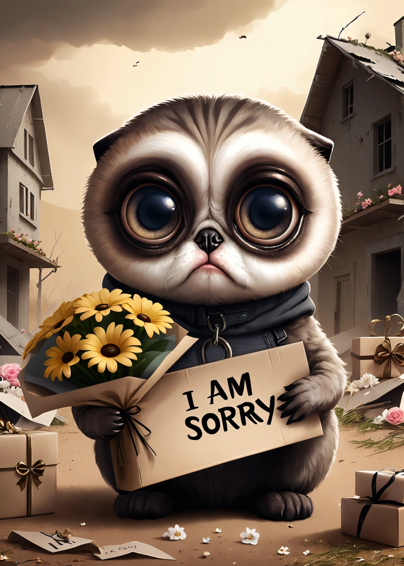 A cartoon picture of a cat holding a sign that says i am sorry with a bunch of flowers in it and a bunch of boxes with a sign that says i am sorry, cute and funny, a character portrait, cynical realism