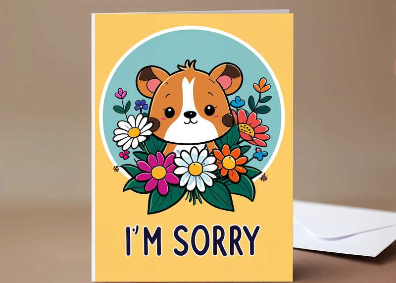 A card with a dog and flowers on it that says i'm sorry on the front of the card is a card with a picture of a dog with flowers and a dog, furaffinity, a 3d render, furry art