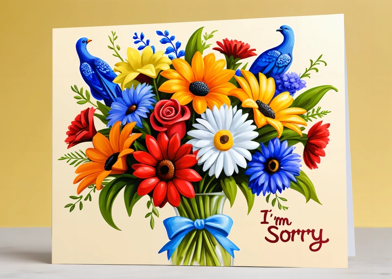 A card with a bouquet of flowers and a bird on it that says i'm sorry on it, with a yellow background and a yellow wall, colorful flat surreal design, a digital rendering, folk art