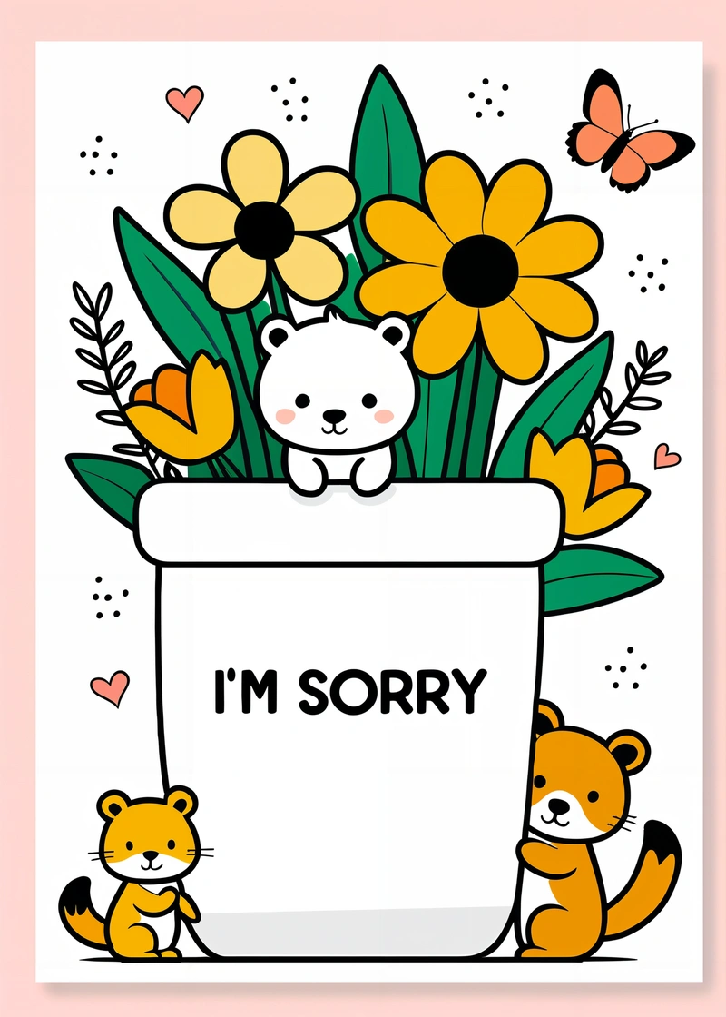 A card with a bear and flowers in it that says i'm sorry on the front of the card is a bear and a cat, furaffinity, a screenprint, computer art