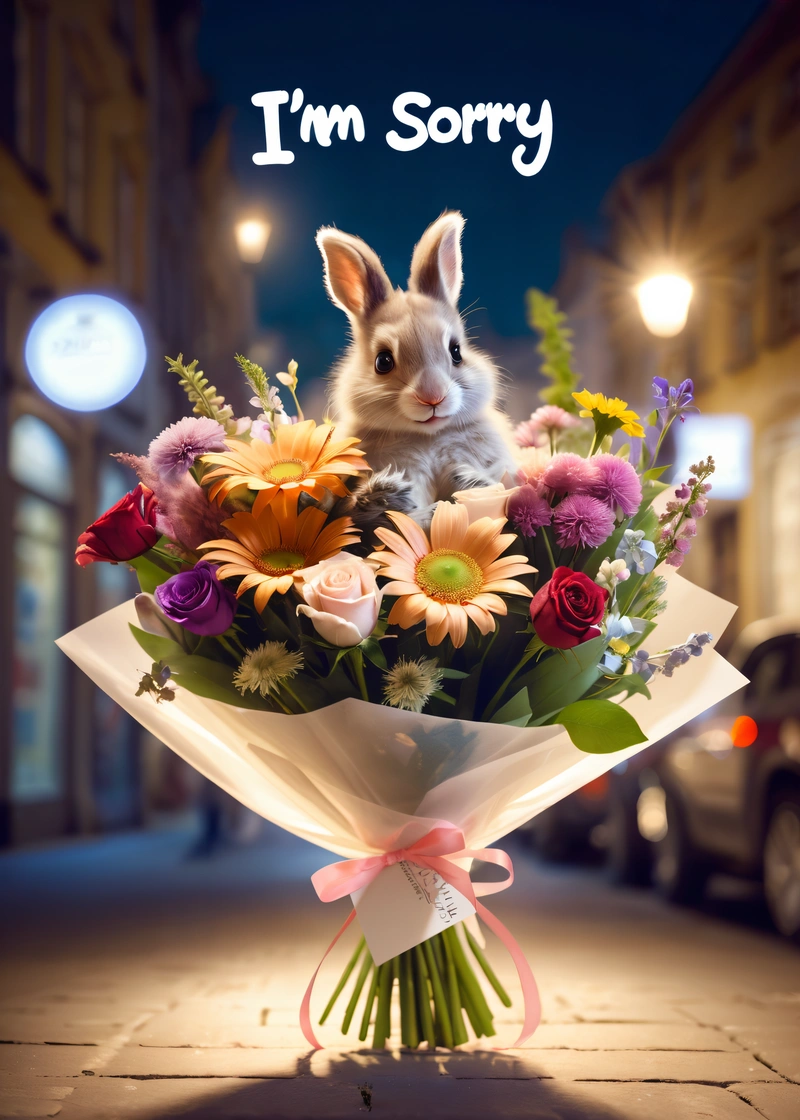 A bunny is sitting in a bouquet of flowers on the street with a message i'm sorry on the back of the picture and a car, behance hd, a poster, lyco art