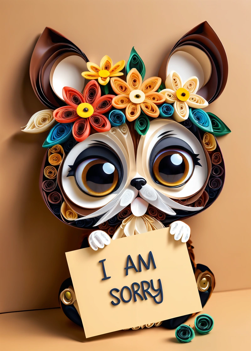 A paper cut of a dog holding a sign that says i am sorry on it with a flower crown on its head and a tag attached to the front of the dog, highly detailed digital art, a 3d render, furry art