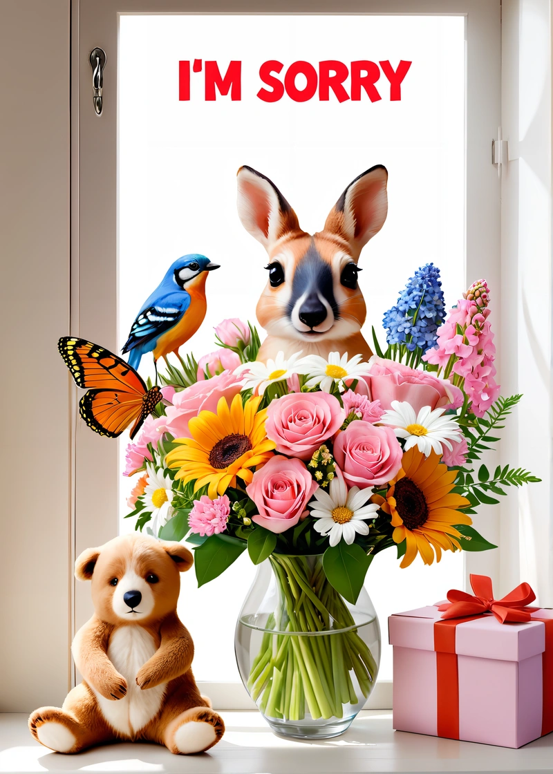 A vase with flowers and a stuffed animal sitting next to it with a message i'm sorry on the window sill behind it, behance hd, a digital rendering, folk art