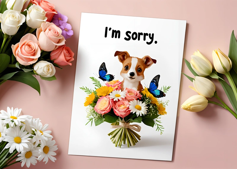 A card with a dog and flowers on it with a message i'm sorry on it next to a bouquet of flowers and a bouquet, graphic design, a digital rendering, folk art