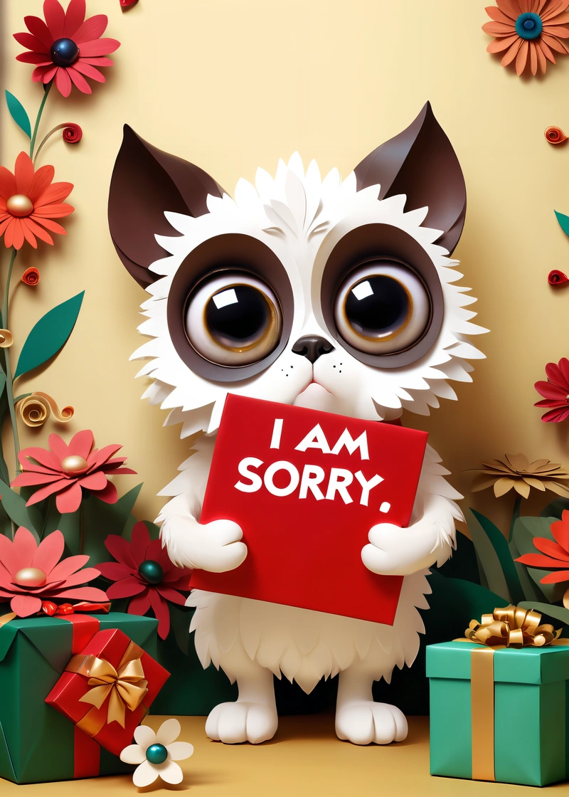 A cat holding a sign that says i am sorry with a gift box in front of it and flowers around it, and a gift box with a bow, cute and funny, a screenshot, furry art