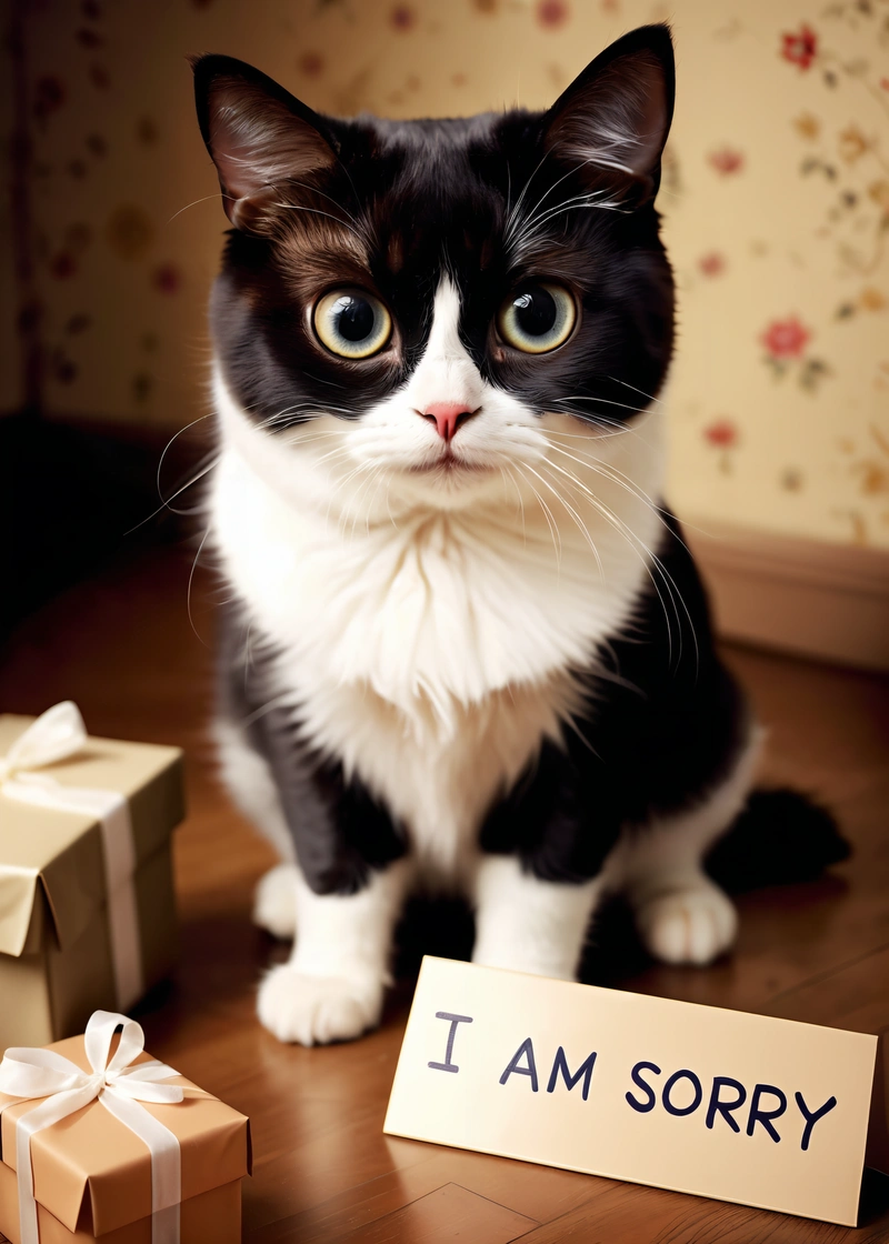 A black and white cat sitting next to a sign that says i am sorry on it and a gift box with a bow on it, symmetrical eyes, a stock photo, verdadism