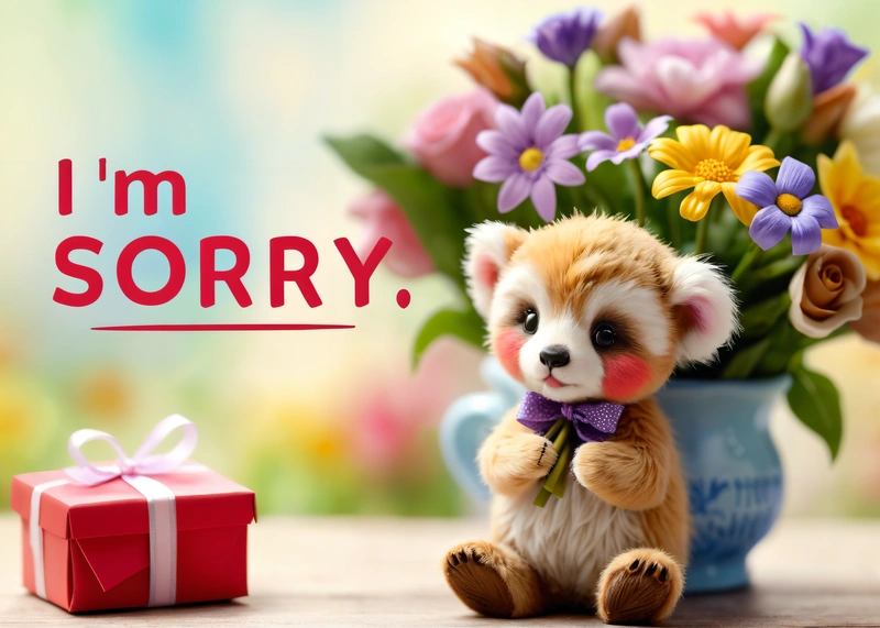 A teddy bear sitting next to a vase of flowers and a gift box with a message i'm sorry on it that says i'm sorry, corrected, a 3d render, verdadism