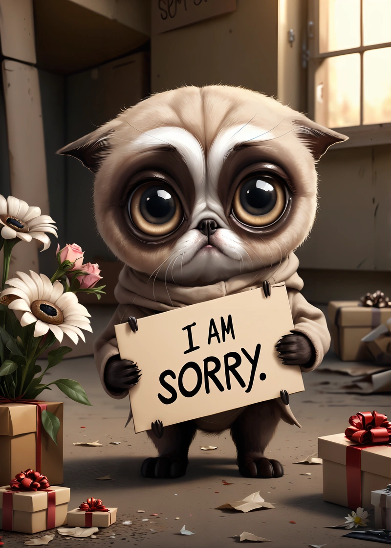 A cat holding a sign that says i am sorry with a bunch of presents around it and a bunch of flowers in the background with a sign that says i am sorry, cute and funny, a screenshot, sots art