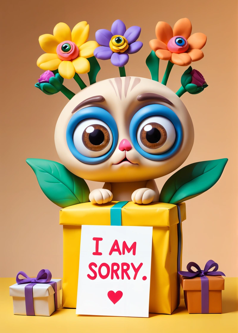 A toy cat with big eyes sitting on a box with a sign that says i am sorry on it and a bunch of flowers in the background, behance hd, a 3d render, pop surrealism