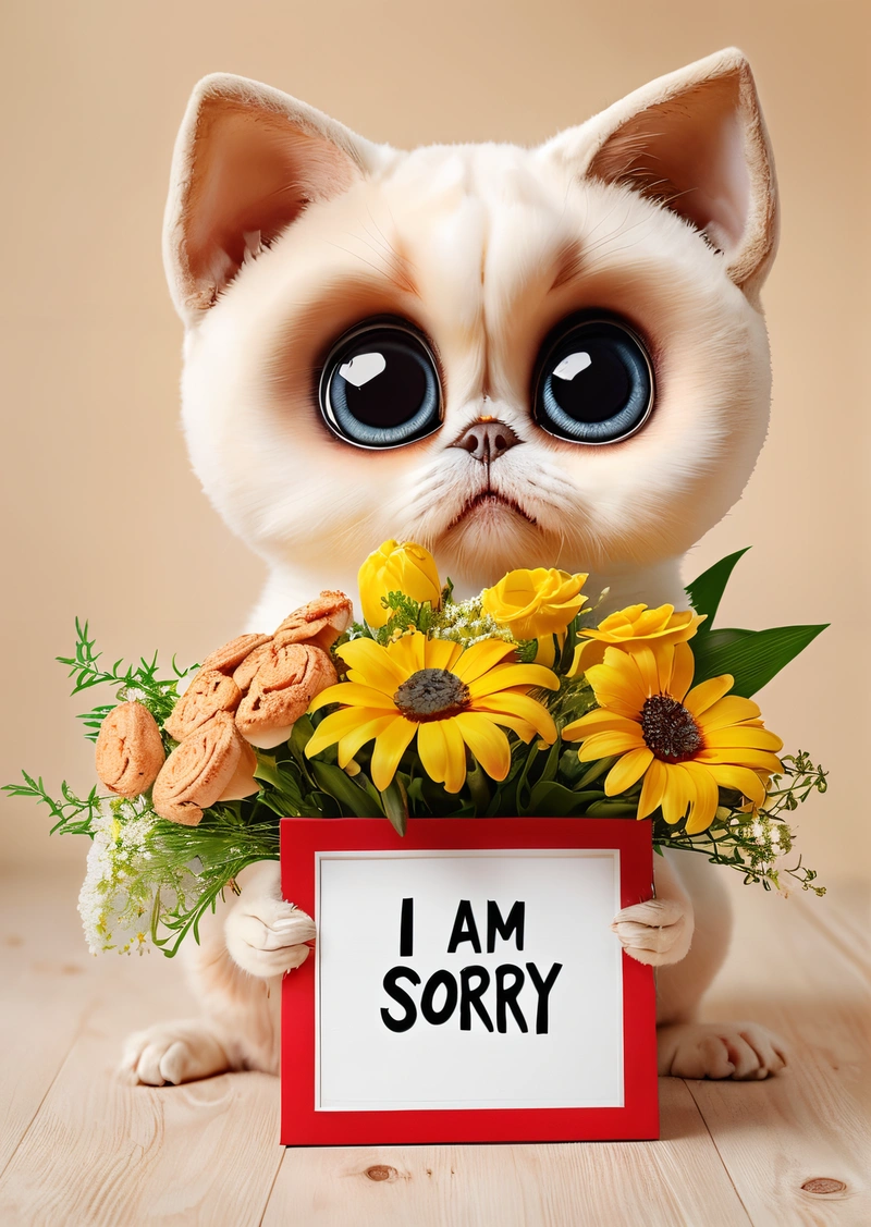 A cat with a sign that says i am sorry with flowers in it and a sign with a picture of a cat with a sign that says i am sorry, cute and funny, a digital rendering, verdadism