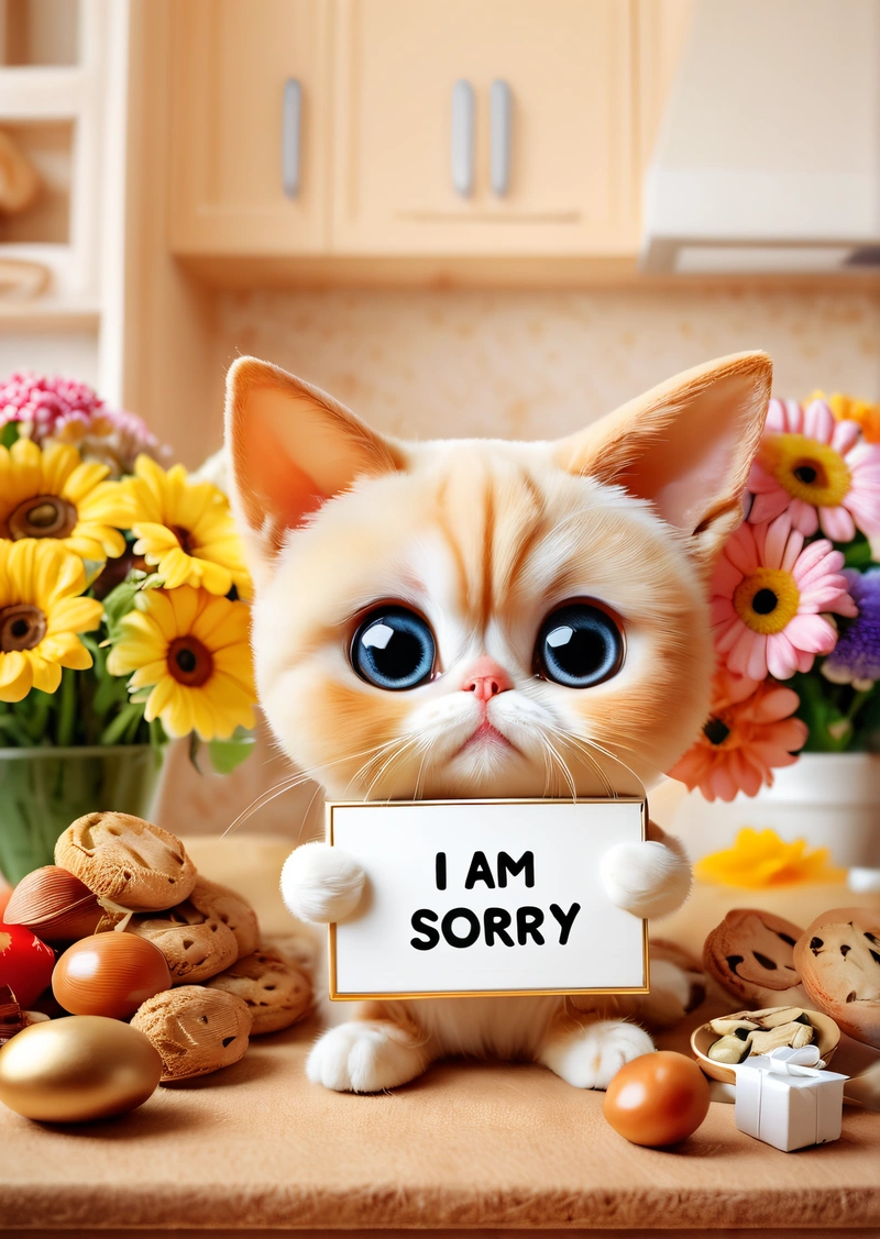 A cat holding a sign that says i am sorry with flowers in the background and a vase of flowers in the foreground with a cookie, cute and funny, a screenshot, tachisme