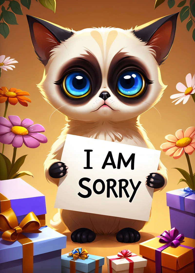 A cat holding a sign that says i am sorry with a bunch of presents around it and a bunch of flowers behind it with a bow, cute and funny, a screenshot, sots art