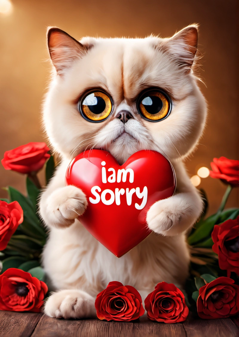 A cat holding a heart with the words i am sorry on it in front of roses and lights behind it is a picture of a cat with a heart, cute and funny, a screenshot, verdadism