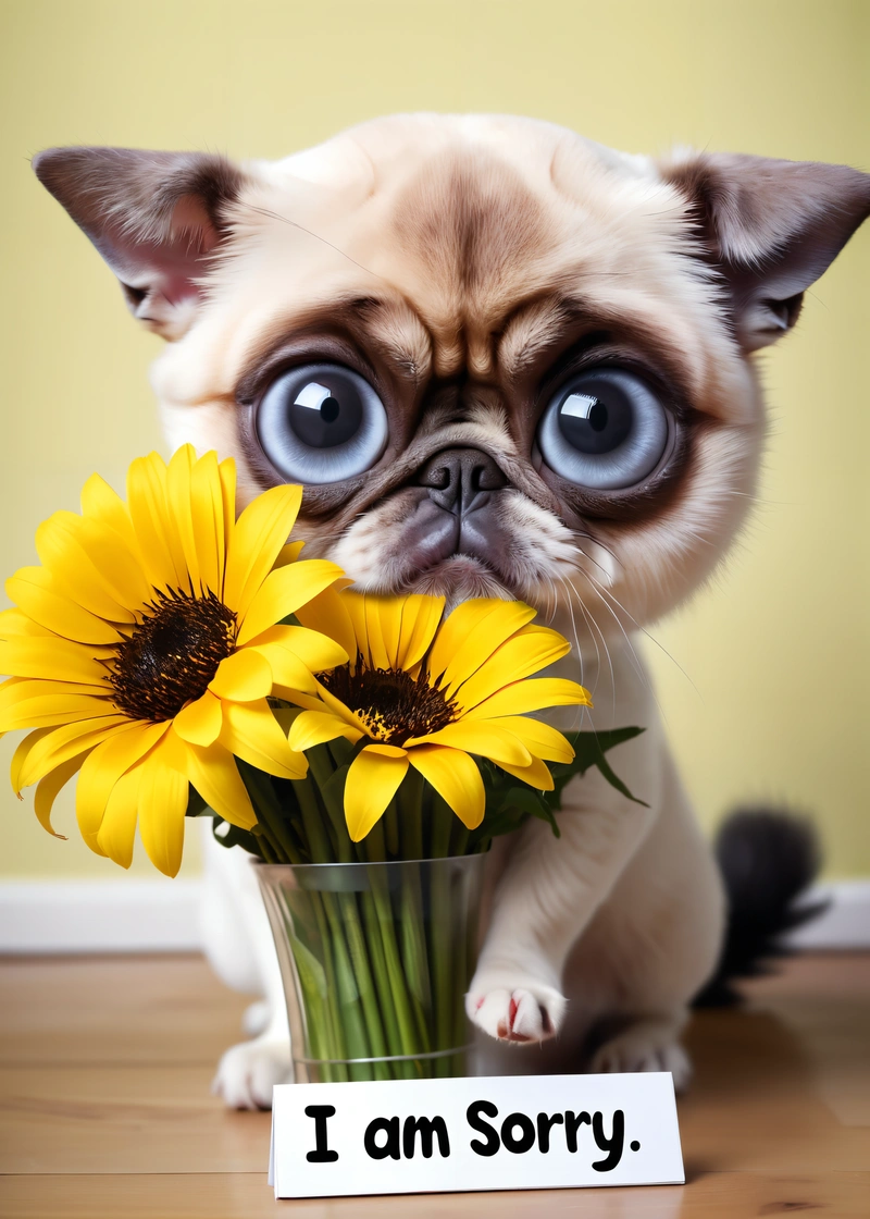 A small dog with big blue eyes is holding a vase of sunflowers with a sign that says i am sorry on it,, cute and funny, a photorealistic painting, gothic art