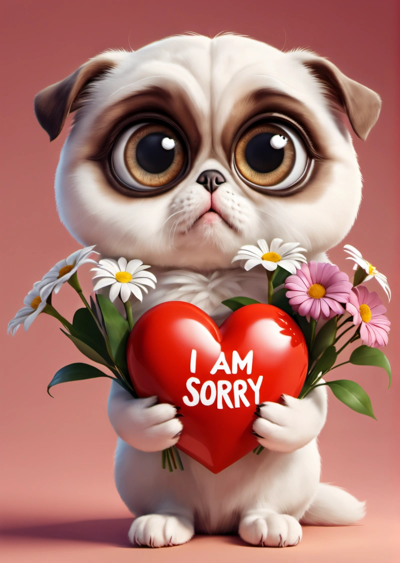 A small dog holding a heart with daisies in it's paws and the words i am sorry written on it in front of it, cute and funny, a digital rendering, sots art