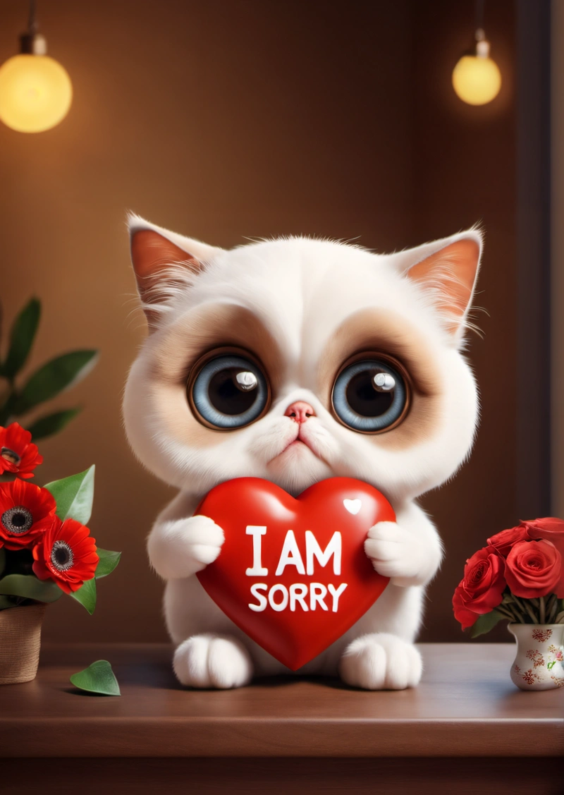 A white cat holding a red heart with the words i am sorry on it and a vase of flowers behind it with red roses and a vase with red roses, cute and funny, a screenshot, sots art