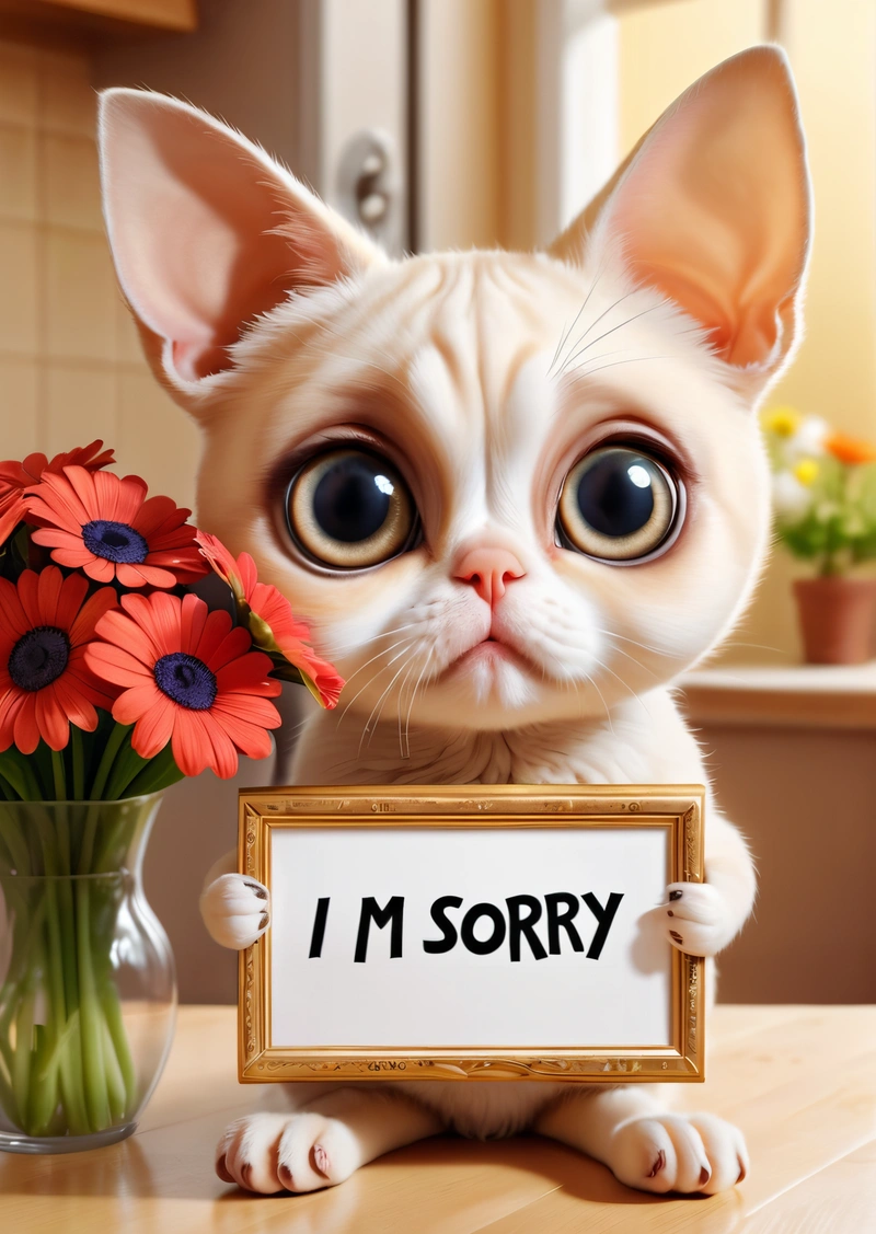 A cat holding a sign that says i'm sorry with flowers in a vase behind it and a sign that says i'm sorry, cute and funny, a screenshot, sots art