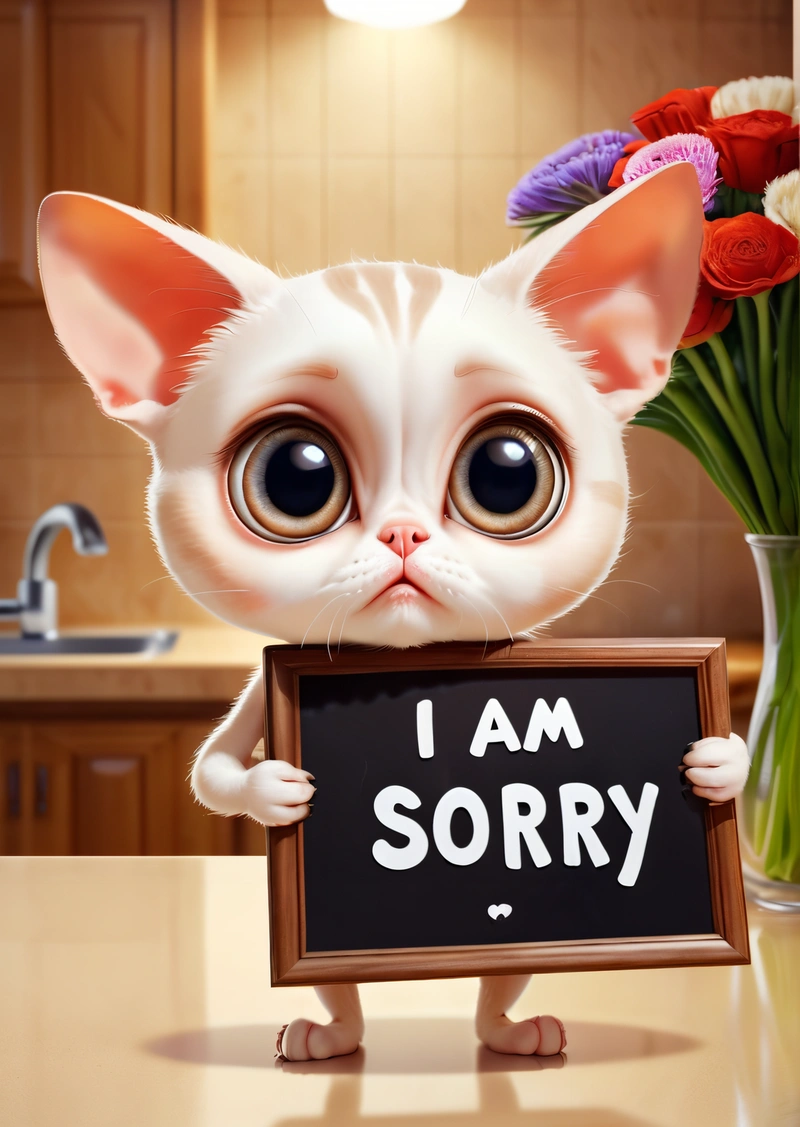 A cat holding a sign that says i am sorry in front of a vase of flowers and a sink with a vase of flowers behind it, cute and funny, a screenshot, tachisme