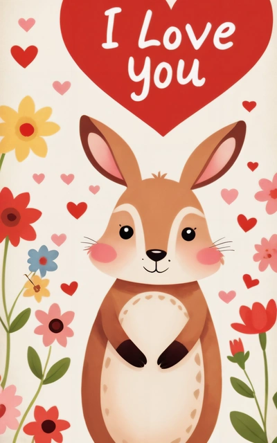 A card with a picture of a kangaroo and a heart on it's back, with the words i love you written in the middle, loony toons style, vector art, folk art