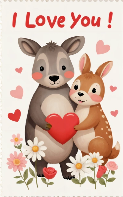 A couple of animals holding a heart in their hands with the words i love you on it's side and a flower border around the edges, storybook illustration, a storybook illustration, naive art