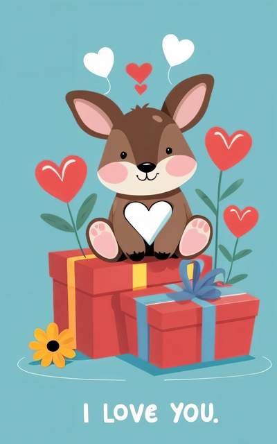 A card with a cute bunny sitting on a present box and hearts flying around it, with the words i love you on the front, plain background, vector art, furry art