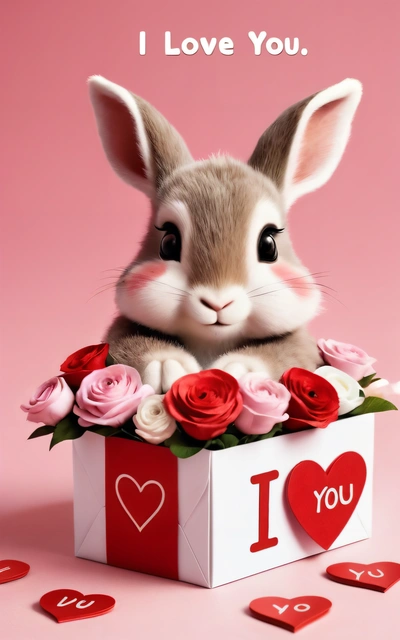 A rabbit sitting in a box with roses and a heart on it's chest, with the words i love you written on the side, cute and funny, a digital rendering, furry art