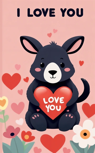 A valentine card with a cute black bear holding a heart in its paws and the words i love you on it's chest,, cute and funny, vector art, furry art