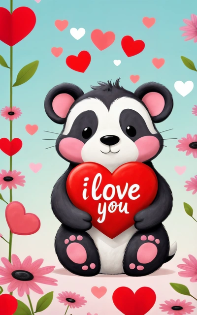 A panda bear holding a heart with the words i love you on it's chest and surrounded by flowers and hearts in the background, love, a digital rendering, furry art