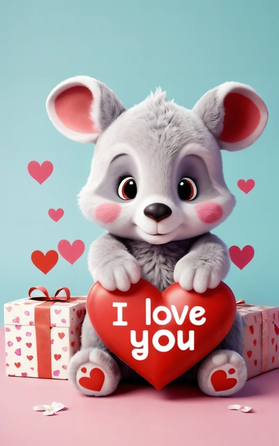 A stuffed animal holding a heart with the words i love you on it's chest and sitting on a pink surface with hearts around it, love, a screenshot, furry art