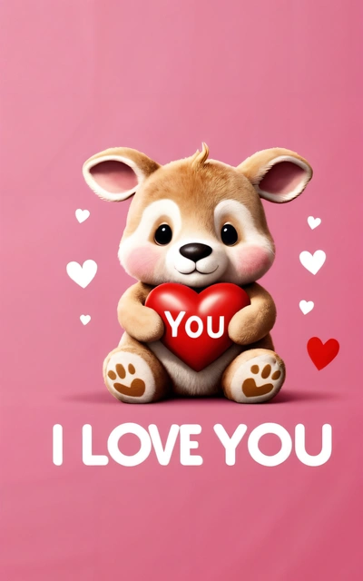 A teddy bear holding a heart on a pink background with the words i love you written on it and hearts in the background with the words, love, a picture, furry art