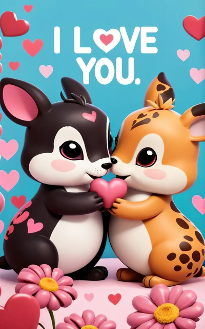 A couple of animals that are next to each other on a table with hearts and flowers on it and a blue background with i love you, promotional image, a poster, furry art