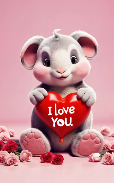 A cute little mouse holding a heart with the words i love you on it and roses around it on a pink background with a pink background, love, a screenshot, furry art