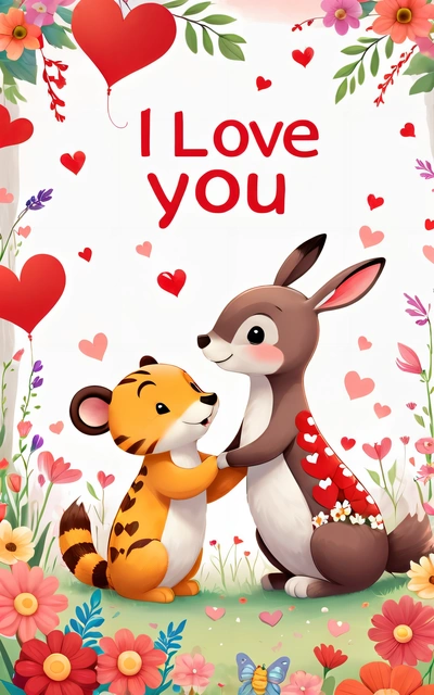 A couple of animals that are next to each other on a card with hearts and flowers on it and a i love you sign in the background, love, a storybook illustration, romanticism