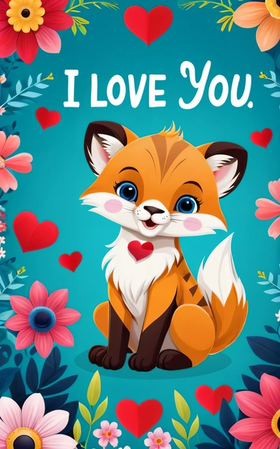 A card with a fox and flowers on it that says i love you on the front of the card is a blue background with a red heart and a, cute and funny, a screenshot, furry art