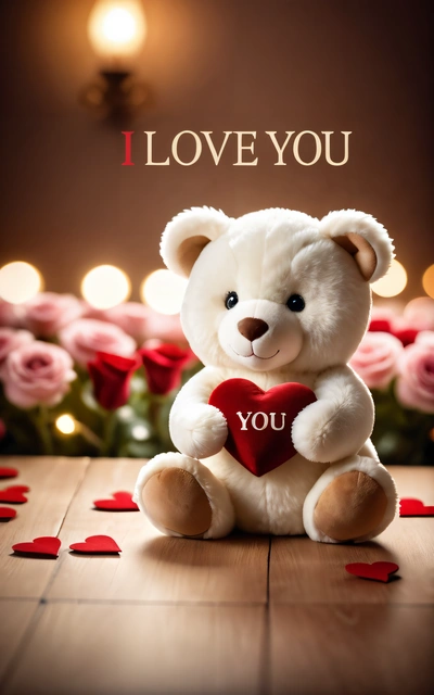 A teddy bear with a heart sitting on a table with roses and a card that says i love you on it with a background of roses, love, a poster, romanticism