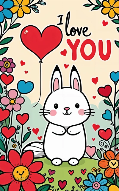 A card with a rabbit holding a heart balloon in the middle of flowers and hearts on it, with the words i love you written in the middle, u, a poster, furry art