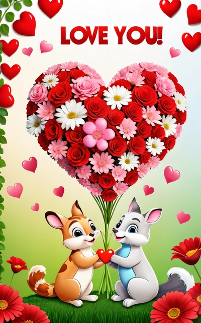 A couple of animals holding a heart shaped bouquet of flowers in front of a valentine card with the words love you on it and a heart, love, a screenshot, naive art