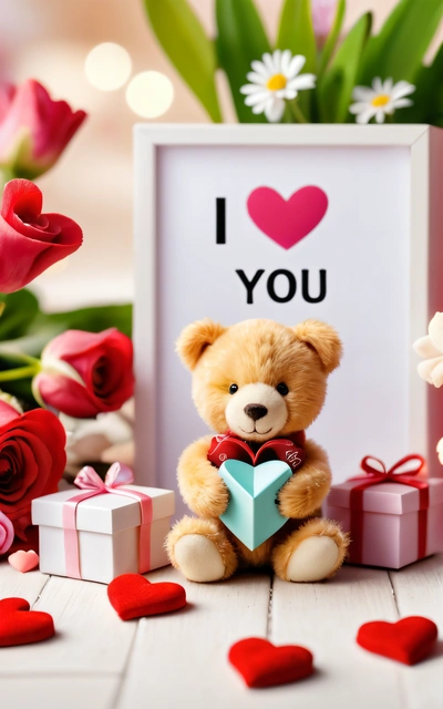 A teddy bear holding a heart shaped box with a card in front of it and a bouquet of flowers behind it with a valentine's day message, love, a picture, romanticism